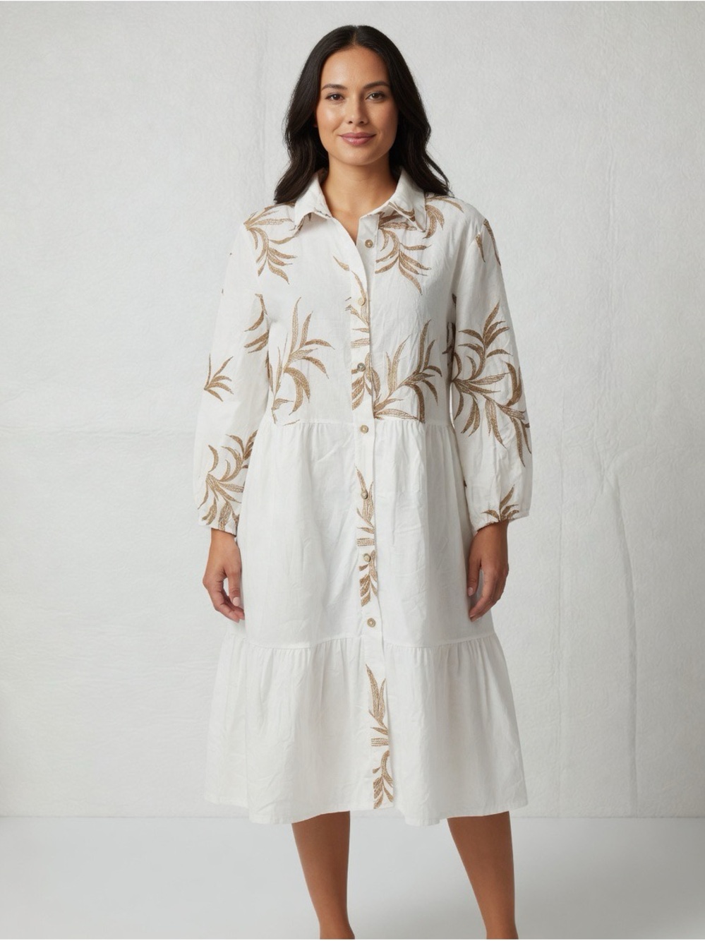 Women's White Button-Front Dress with Brown Leaf Print 100% Cotton